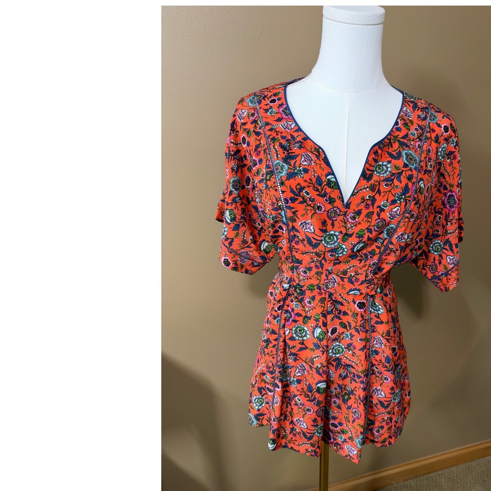 Maeve Anthropologie Silk Blouse XS Orange Floral Wrap Tie Waist Kimono Sleeve